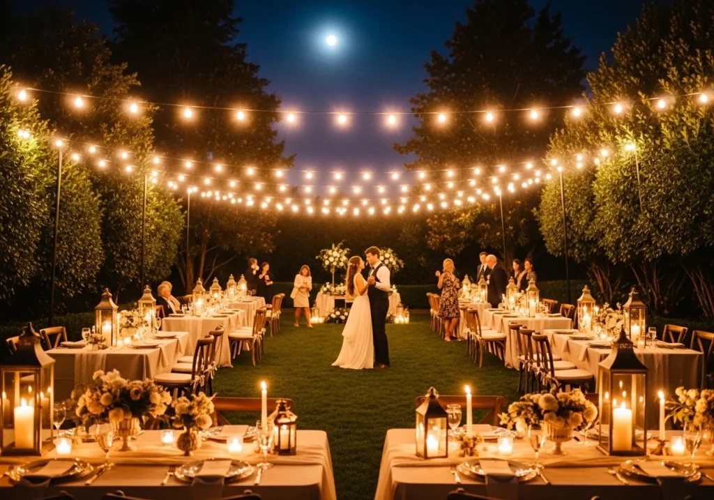 Elegant wedding decoration setup with floral arrangements, soft lighting, and beautifully arranged tables in a romantic venue