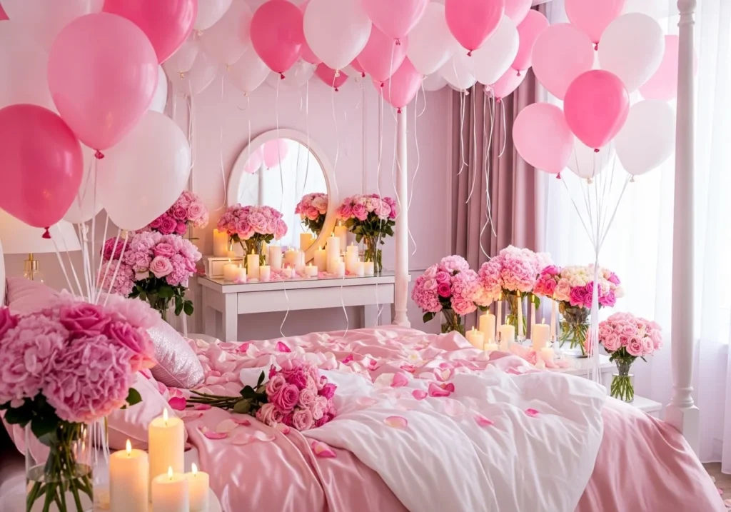 wedding bedroom decoration with rose petals on bed, soft lighting, romantic bridal room setup in red and white theme