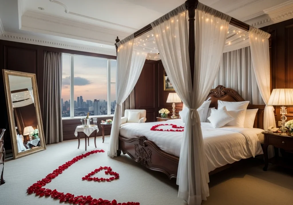 wedding bedroom decoration with rose petals on bed, soft lighting, romantic bridal room setup in red and white theme