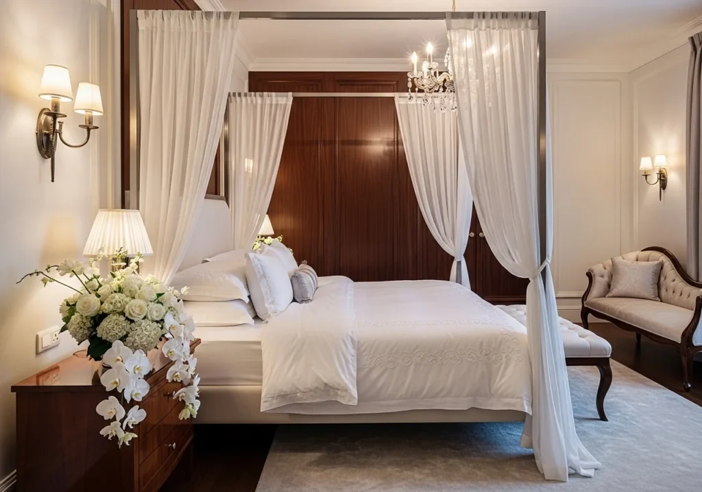 wedding bedroom decoration with rose petals on bed, soft lighting, romantic bridal room setup in red and white theme