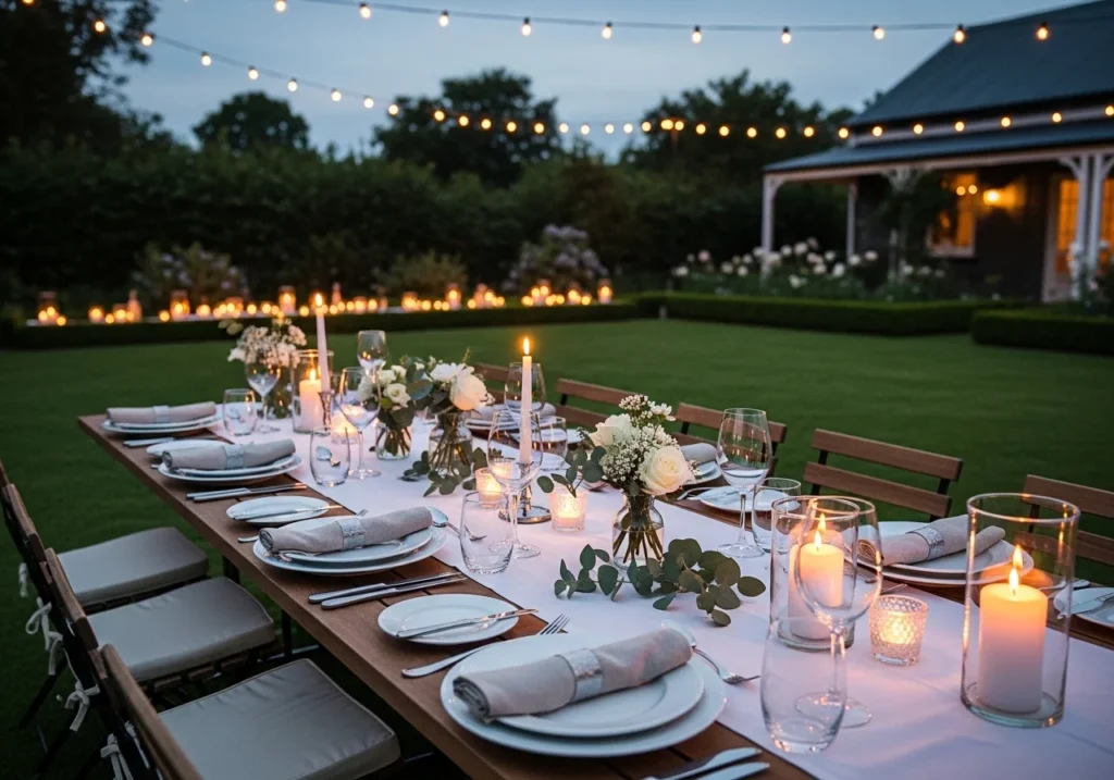 Elegant wedding decoration setup with floral arrangements, soft lighting, and beautifully arranged tables in a romantic venue