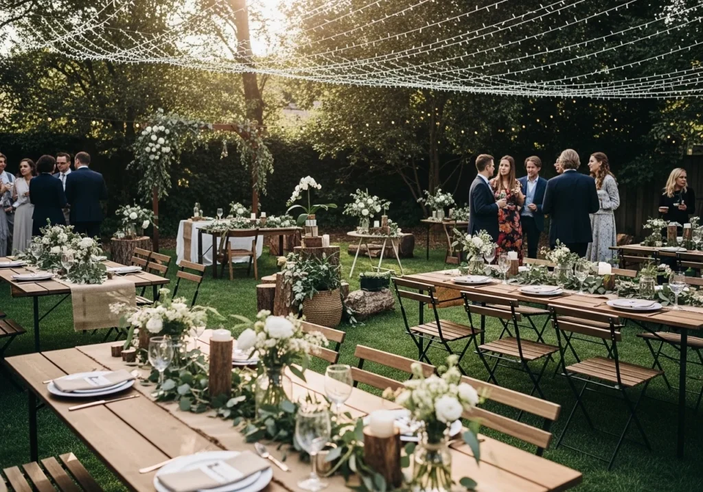 Elegant wedding decoration setup with floral arrangements, soft lighting, and beautifully arranged tables in a romantic venue