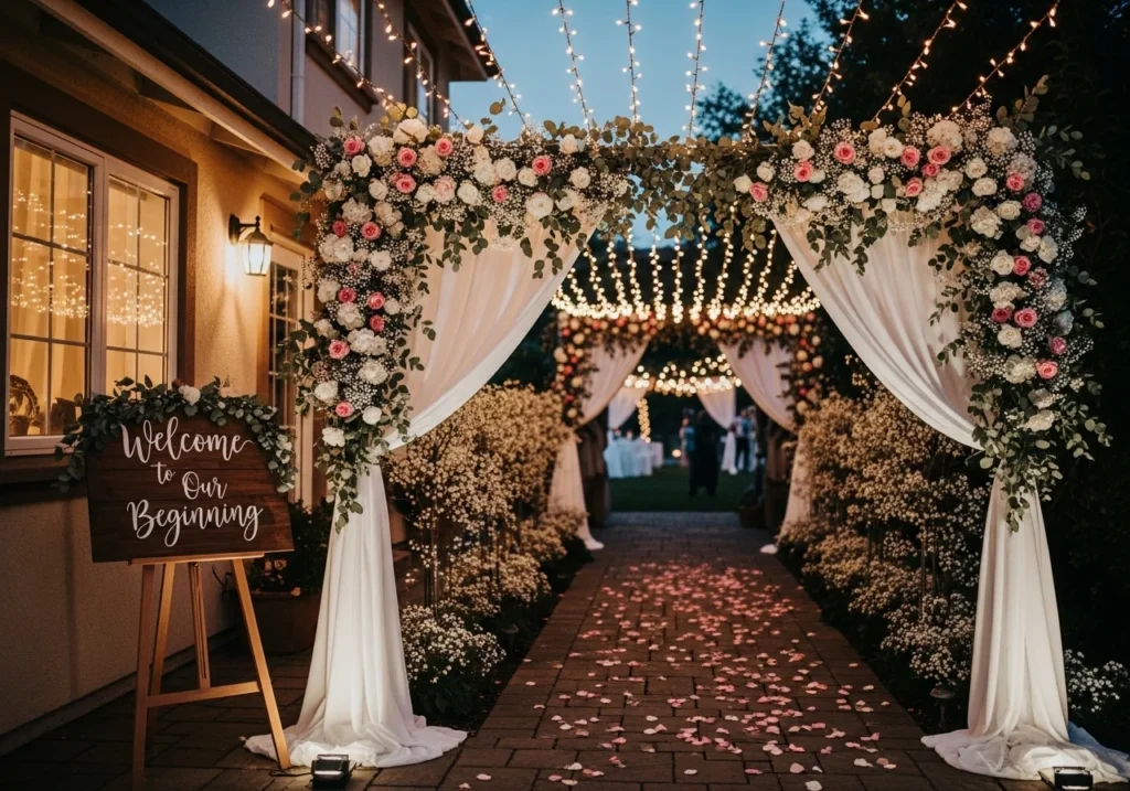 Elegant wedding decoration setup with floral arrangements, soft lighting, and beautifully arranged tables in a romantic venue