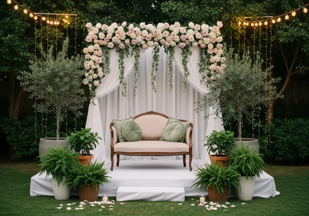 Elegant wedding decoration setup with floral arrangements, soft lighting, and beautifully arranged tables in a romantic venue