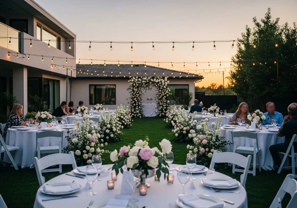 Elegant wedding decoration setup with floral arrangements, soft lighting, and beautifully arranged tables in a romantic venue