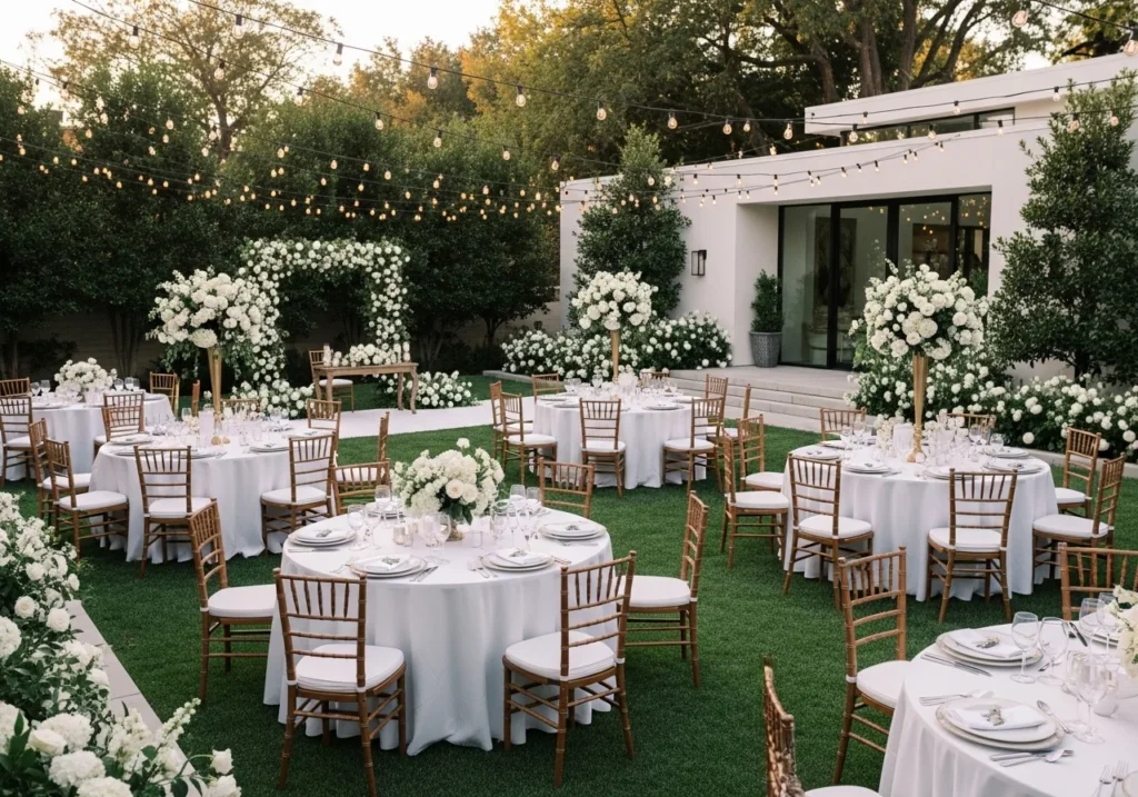 Elegant wedding decoration setup with floral arrangements, soft lighting, and beautifully arranged tables in a romantic venue