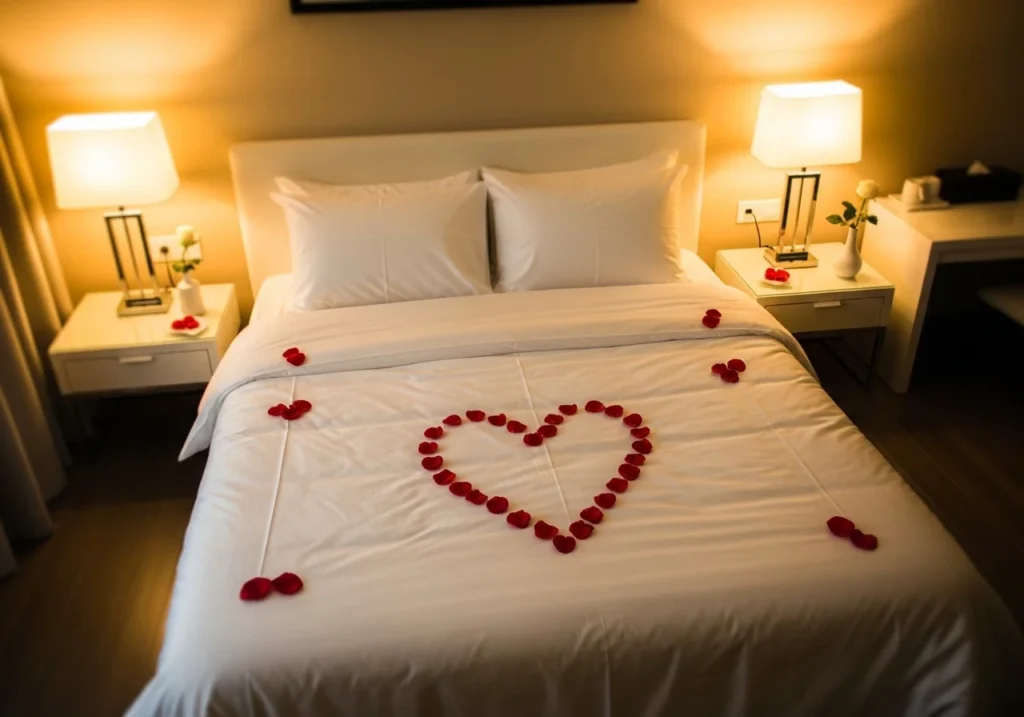 wedding bedroom decoration with rose petals on bed, soft lighting, romantic bridal room setup in red and white theme