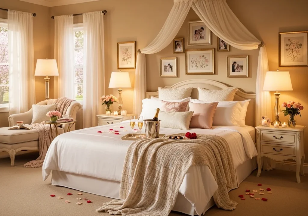 wedding bedroom decoration with rose petals on bed, soft lighting, romantic bridal room setup in red and white theme