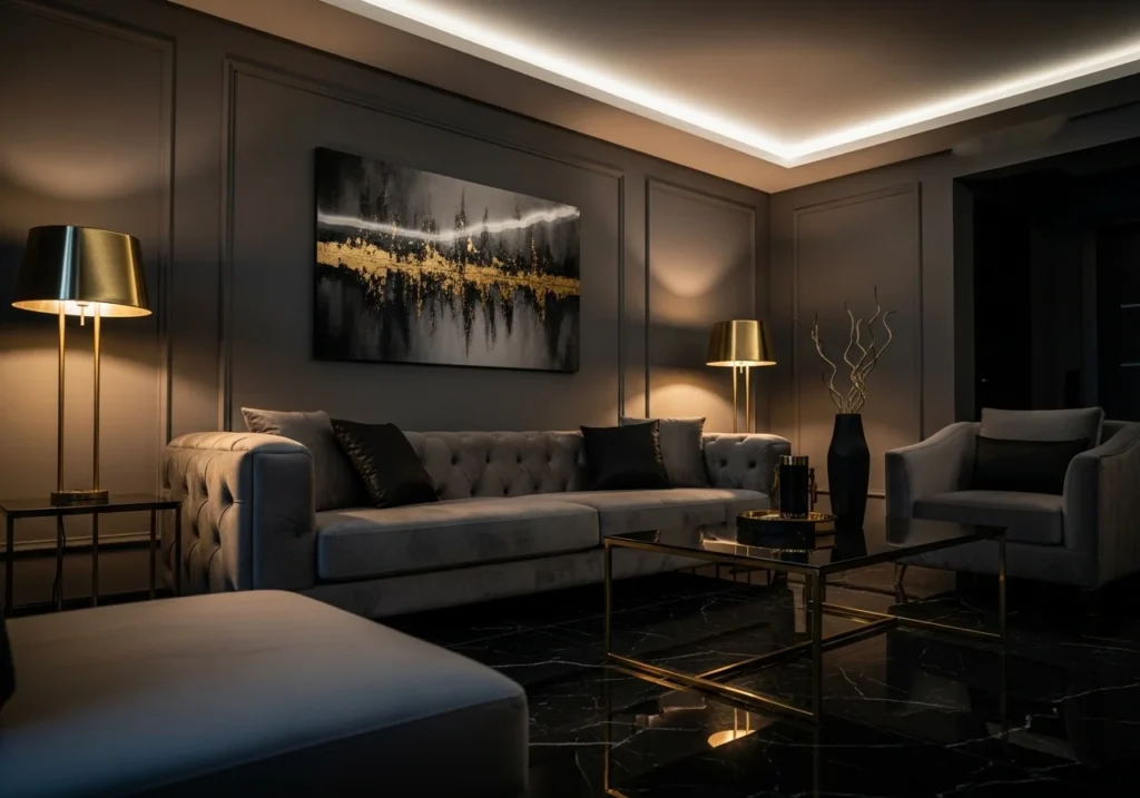 luxury living room ideas with elegant sofa, modern decor, warm lighting, and stylish interior design setup