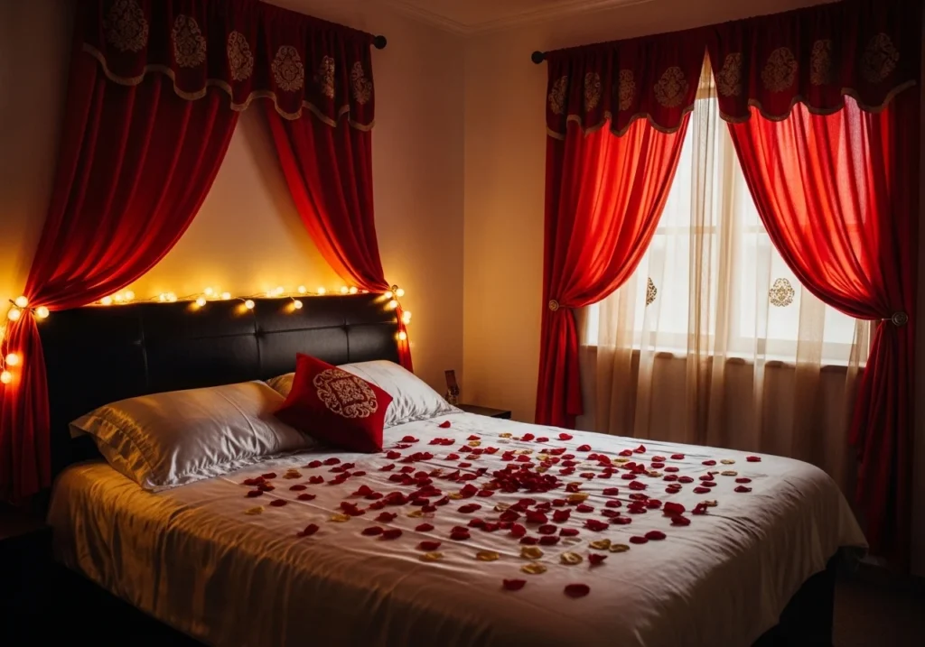 wedding bedroom decoration with rose petals on bed, soft lighting, romantic bridal room setup in red and white theme