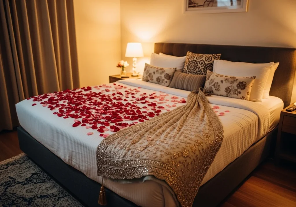 wedding bedroom decoration with rose petals on bed, soft lighting, romantic bridal room setup in red and white theme