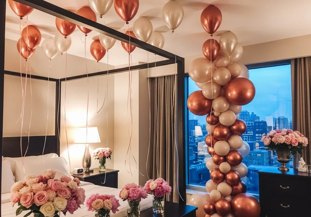 wedding bedroom decoration with rose petals on bed, soft lighting, romantic bridal room setup in red and white theme