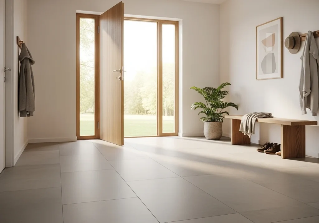 Modern home interior with light oak wood flooring and neutral design, showcasing stylish and durable flooring ideas for contemporary spaces