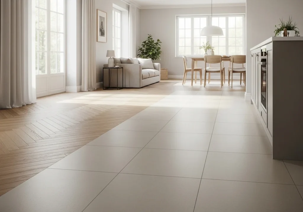 Modern home interior with light oak wood flooring and neutral design, showcasing stylish and durable flooring ideas for contemporary spaces