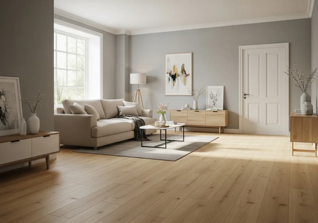 Modern home flooring guide featuring light oak wood floors and neutral interior design, showing stylish and durable flooring ideas for homes