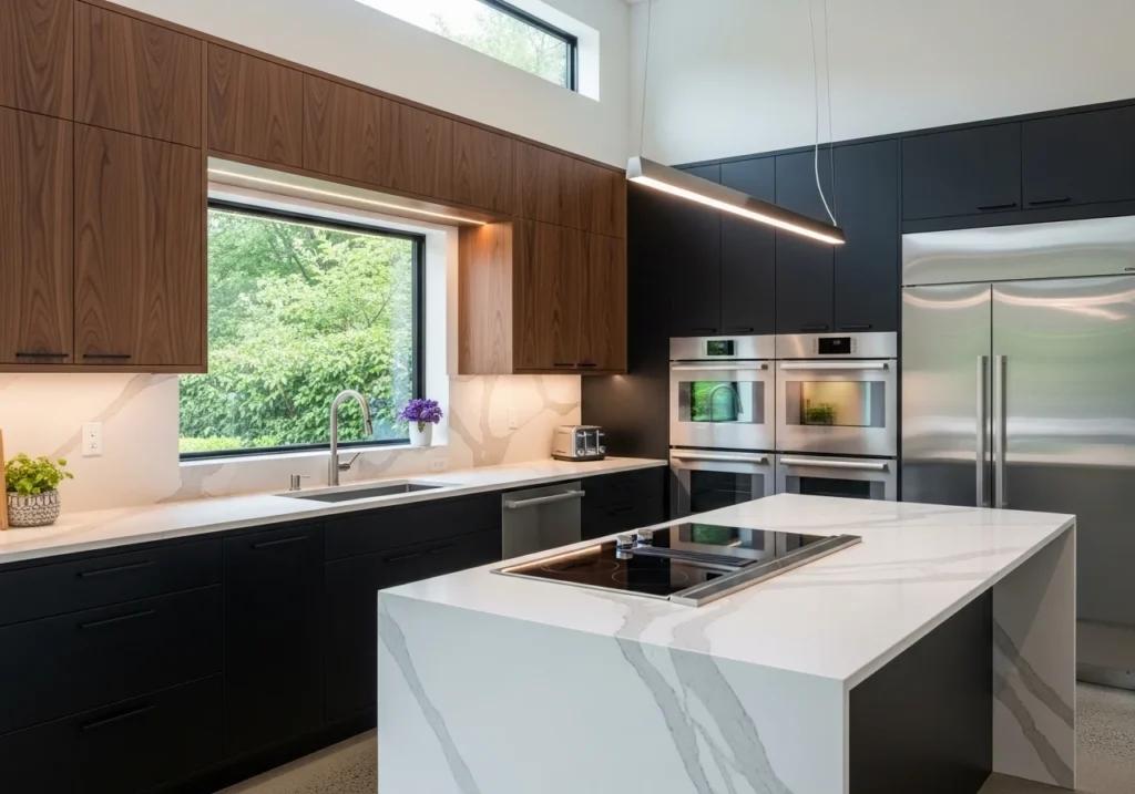 A luxury kitchen featuring pristine marble countertops, offering elegance and durability to the cooking space.