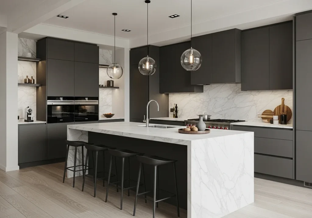 A luxury kitchen featuring pristine marble countertops, offering elegance and durability to the cooking space.