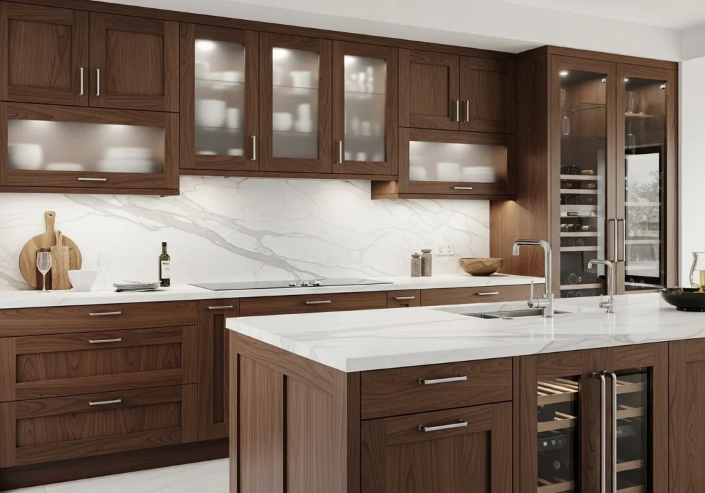 A luxury kitchen featuring pristine marble countertops, offering elegance and durability to the cooking space.