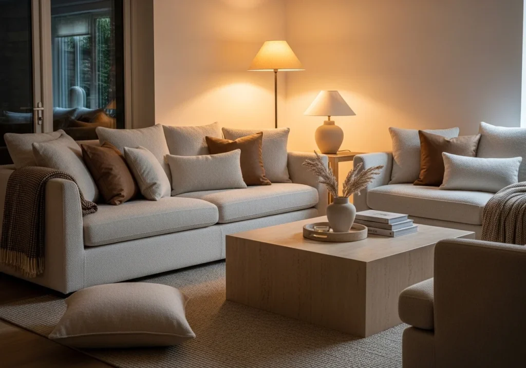 luxury living room ideas with elegant sofa, modern decor, warm lighting, and stylish interior design setup