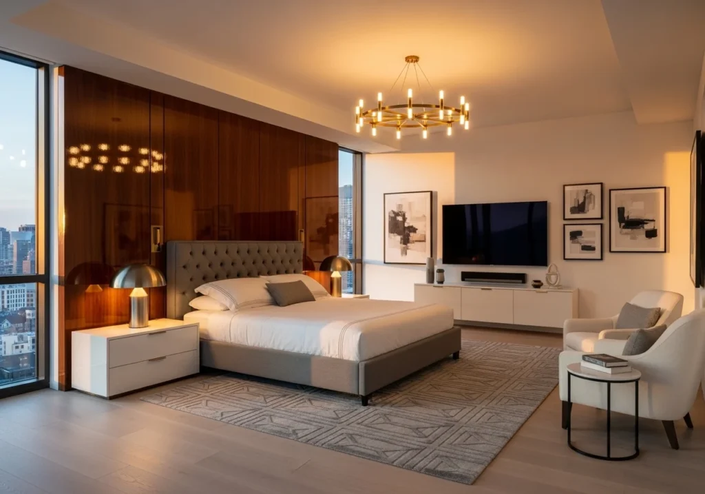 luxury bedroom design with modern elegant decor and cozy lighting