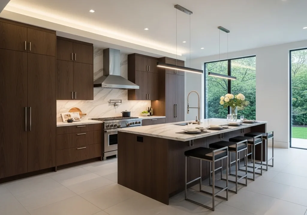 A luxury kitchen featuring pristine marble countertops, offering elegance and durability to the cooking space.