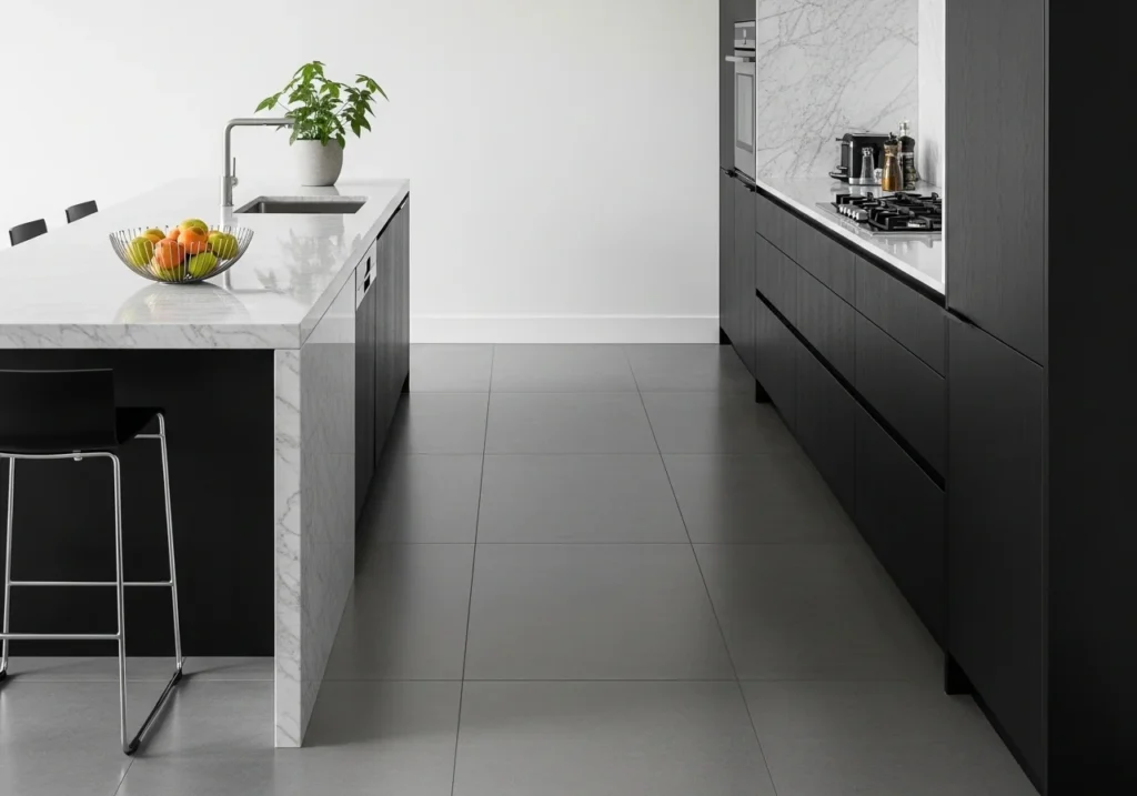 A luxury kitchen featuring pristine marble countertops, offering elegance and durability to the cooking space.