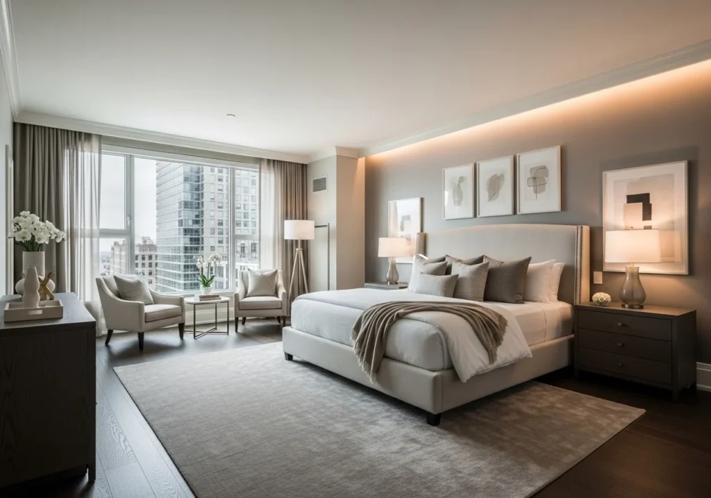 luxury bedroom design with modern elegant decor and cozy lighting