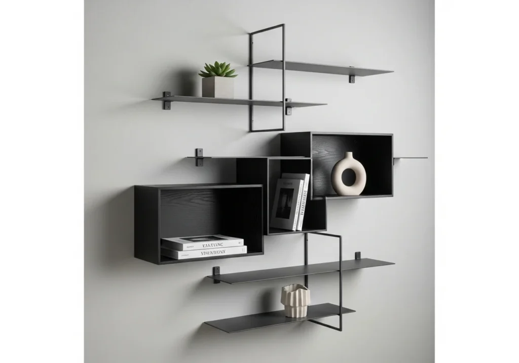 Modern wall shelves ideas with stylish floating shelves, decorative storage, books, plants, and minimal home interior design for space saving