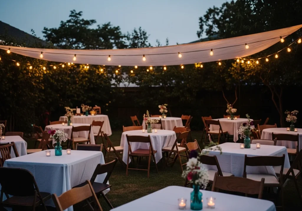 Elegant wedding decoration setup with floral arrangements, soft lighting, and beautifully arranged tables in a romantic venue