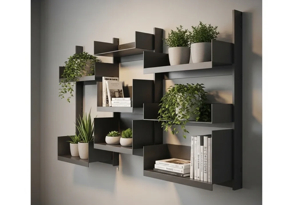 Modern wall shelves ideas with stylish floating shelves, decorative storage, books, plants, and minimal home interior design for space saving