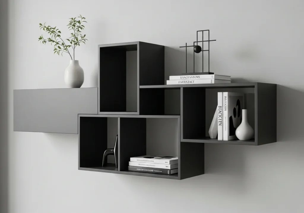 Modern wall shelves ideas with stylish floating shelves, decorative storage, books, plants, and minimal home interior design for space saving