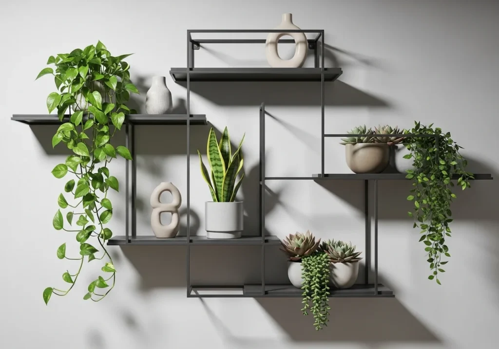Modern wall shelves ideas with stylish floating shelves, decorative storage, books, plants, and minimal home interior design for space saving