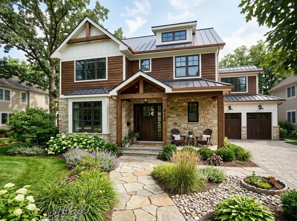 Elegant exterior house makeover with stone accents and beautiful front yard decor