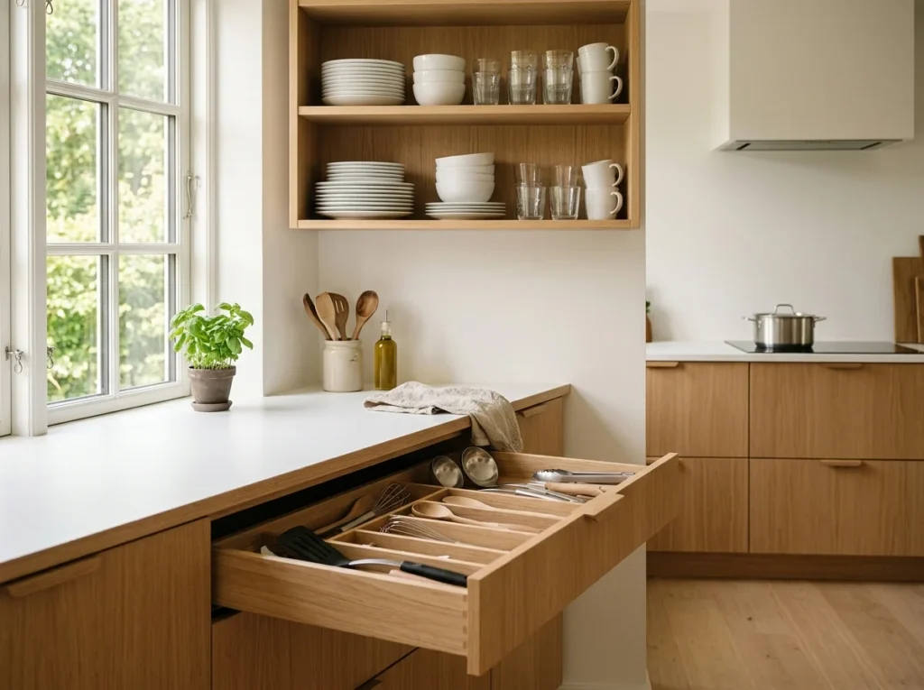 Minimalist Kitchen Setups with streamlined utensils and organized everyday dinnerware storage