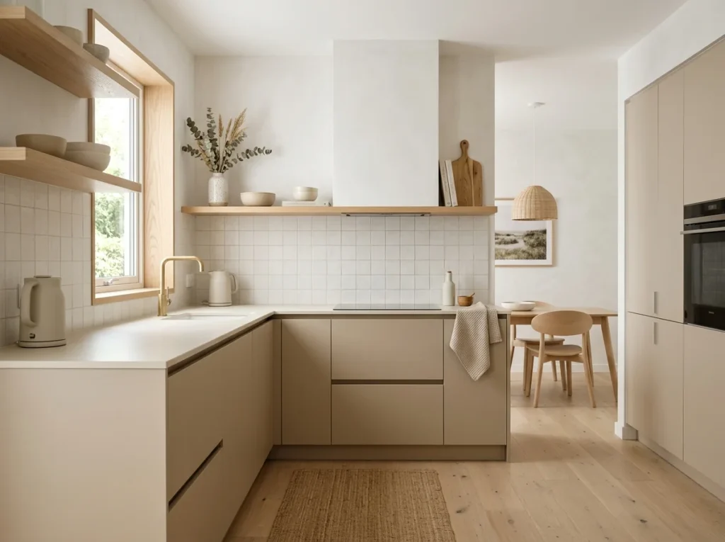 A stylish minimalist kitchen featuring concealed waste and recycling storage solutions for a cleaner and more organized space.
