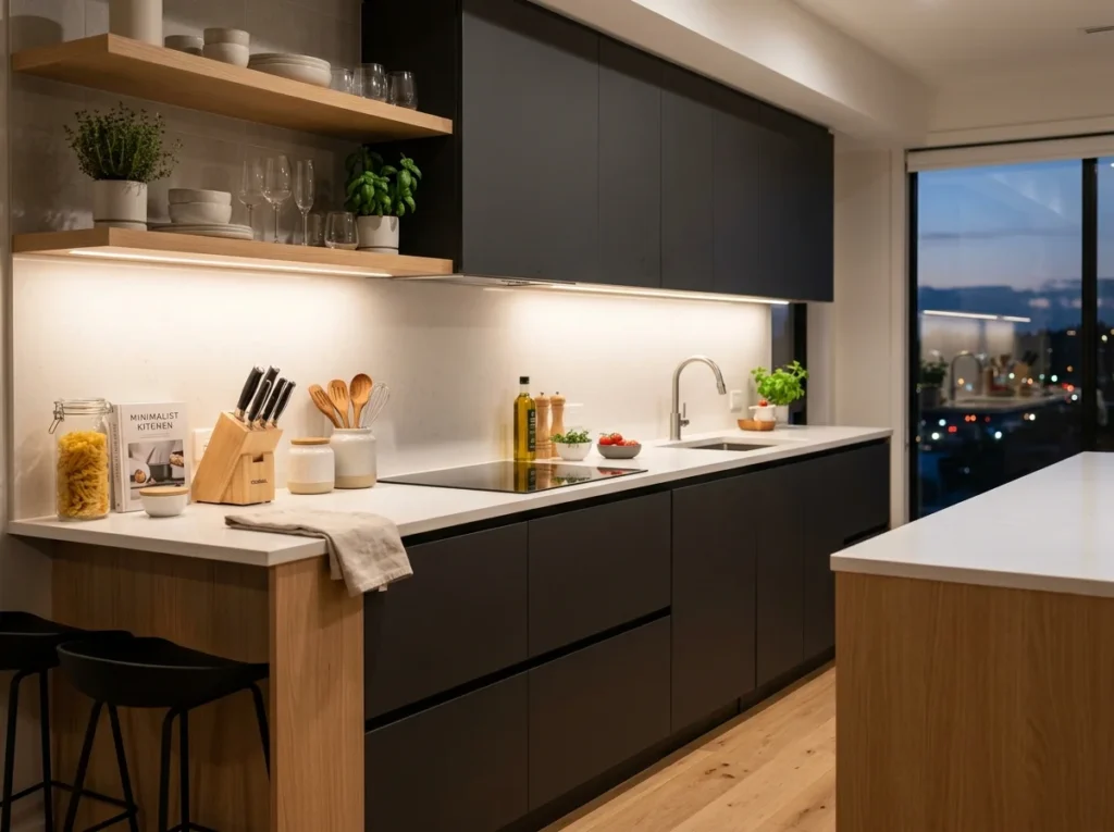 Minimalist Kitchen Setups with smart under cabinet LED lighting for modern kitchen ambiance