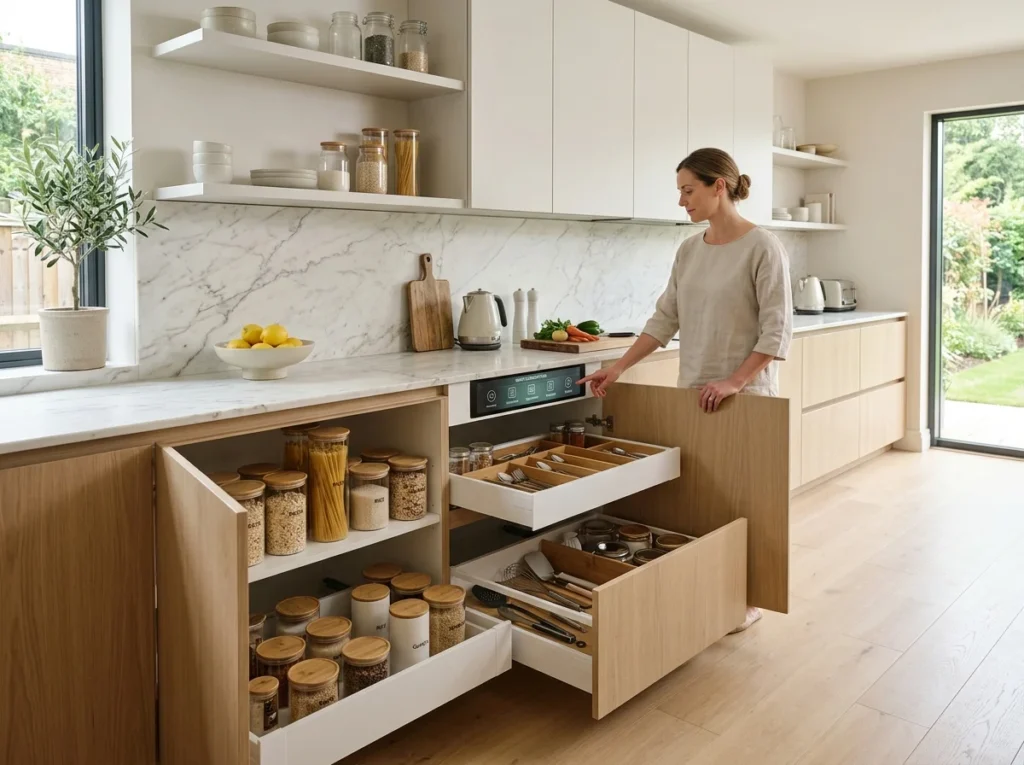 A functional minimalist kitchen designed with organized one-touch storage solutions for a clean and effortless cooking experience.