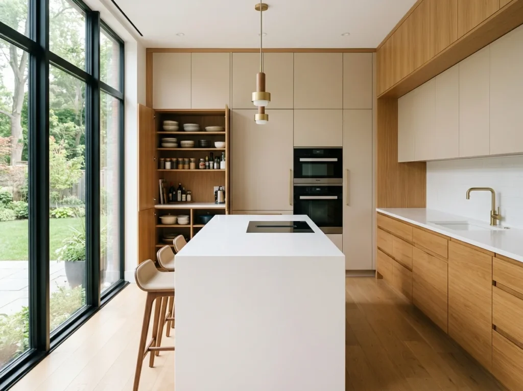 A clean and organized minimalist kitchen featuring clutter-free countertops designed for practical and stylish everyday cooking.