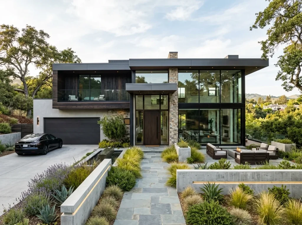 Luxury exterior home design ideas showing a modern house makeover with stylish curb appeal upgrades, elegant landscaping, lighting, and beautiful facade details.