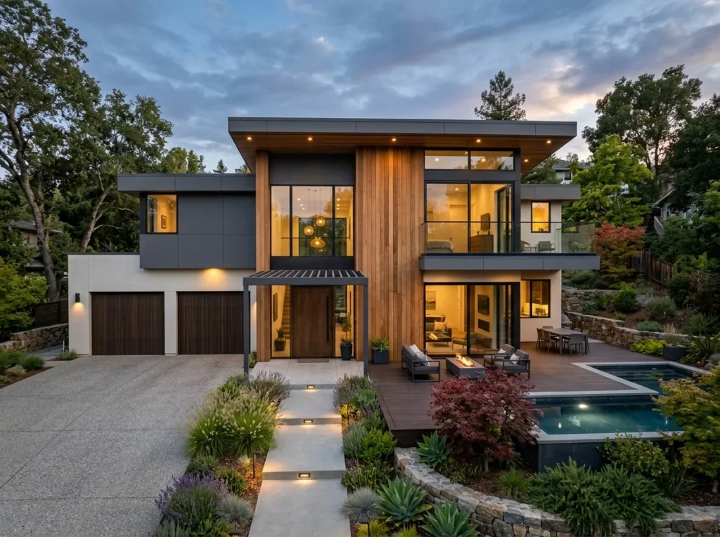 Exterior home design with bold front door and fresh landscaping details
